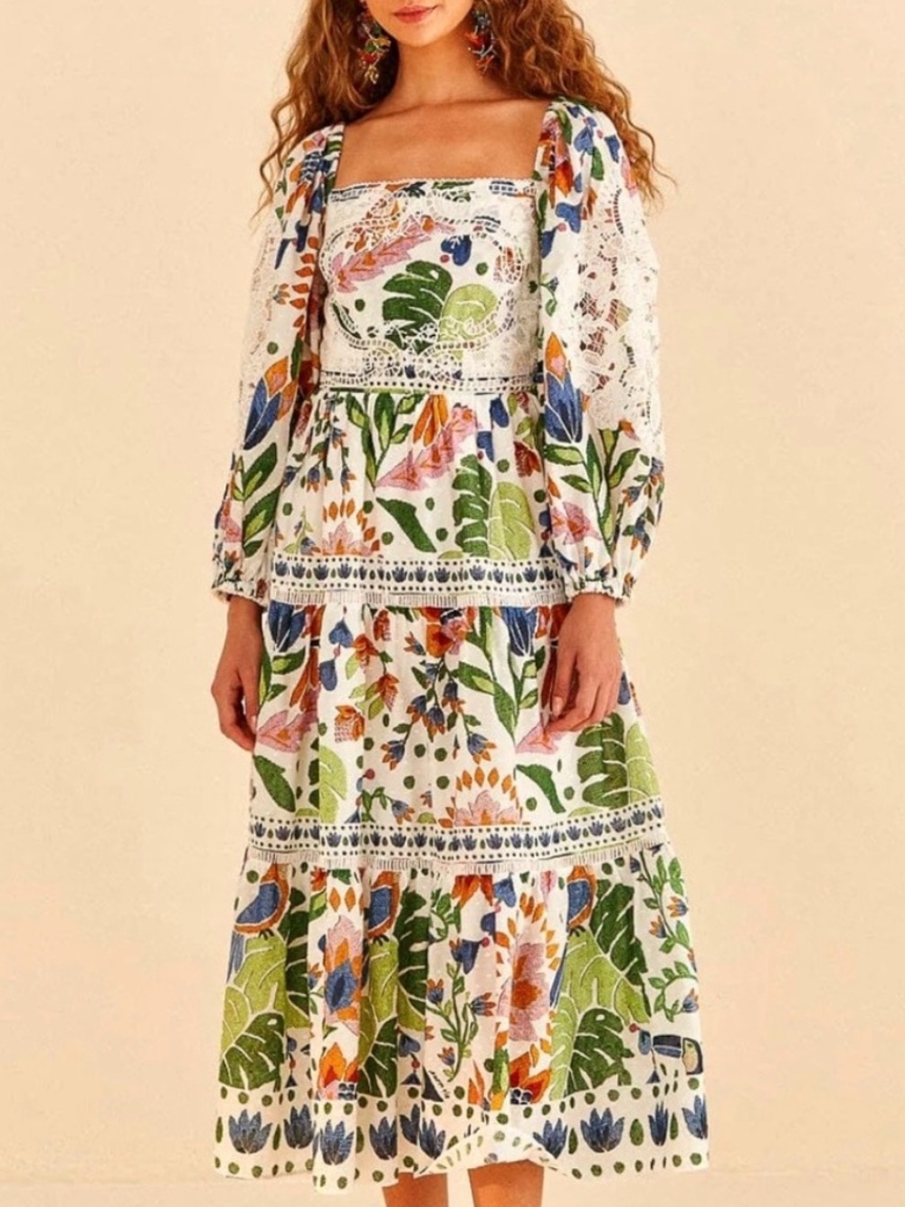 πΊπHPππΊ NWOT Farm Rio Summer Garden Lace Midi Dress - Picture 2 of 16